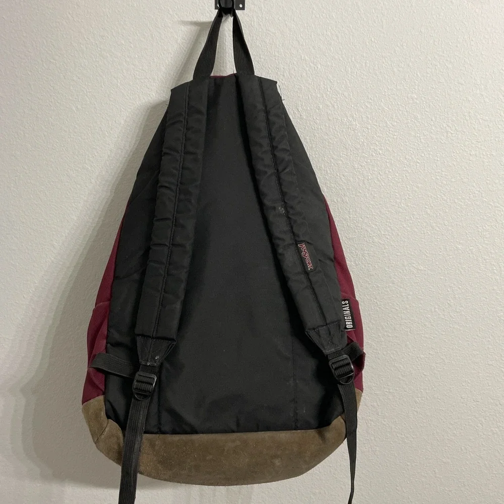 Vintage Jansport Backpack Suede Leather‎ Bottom School Bookbag Maroon 3 Pocket